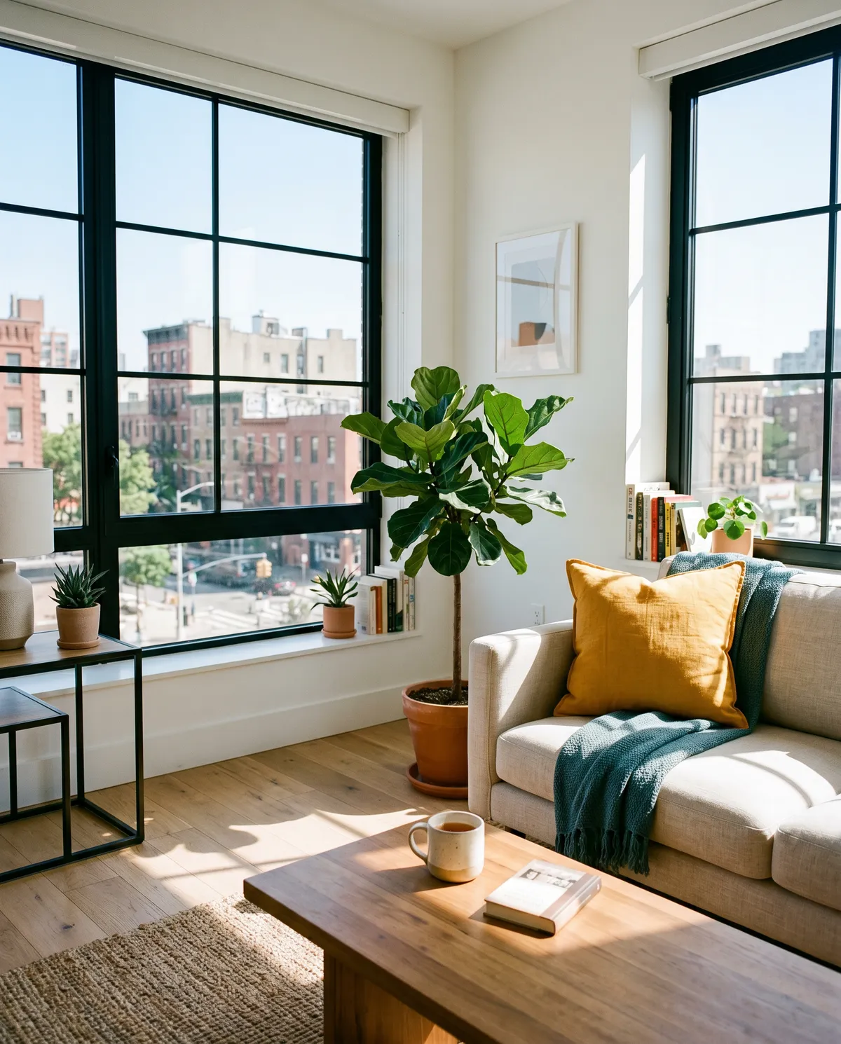 Bright modern city apartment with floor-to-ceiling windows overlooking a vibrant daytime skyline